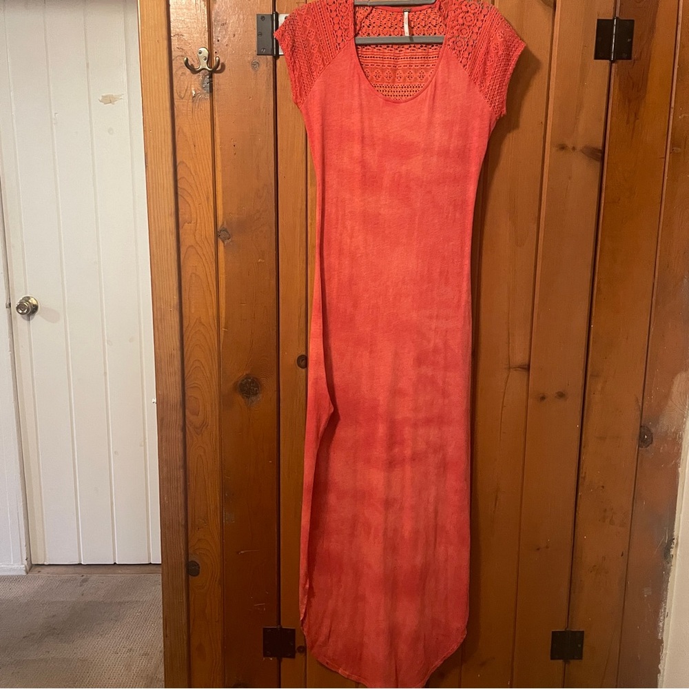 Free People Maxi Dress Coral Crochet Top Tie Dye Side Slit Small